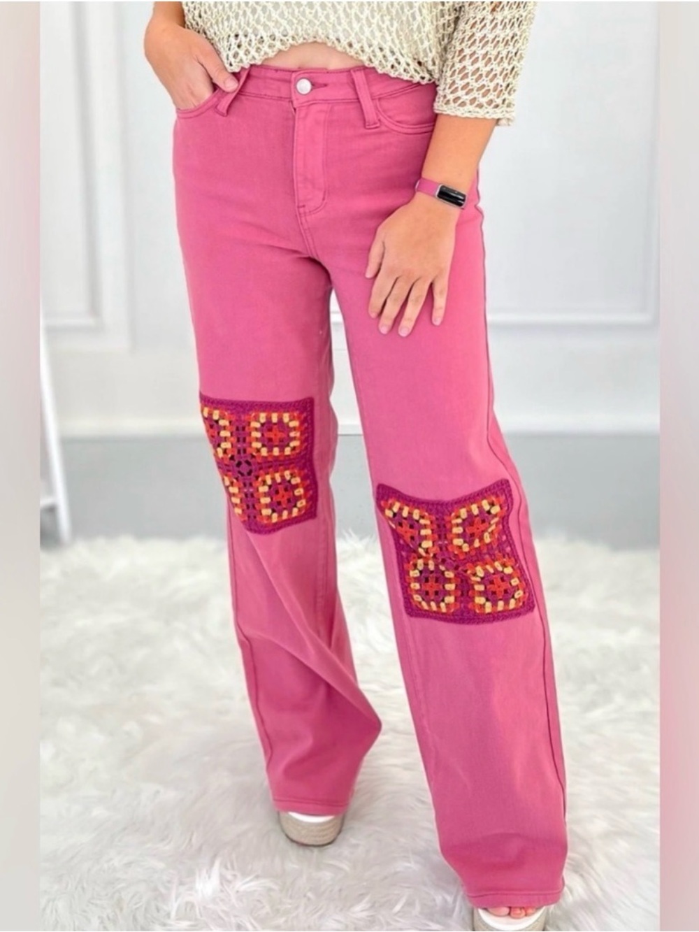 Judy Blue Pink High-Rise Wide Leg Jeans with Crochet Knee Patches